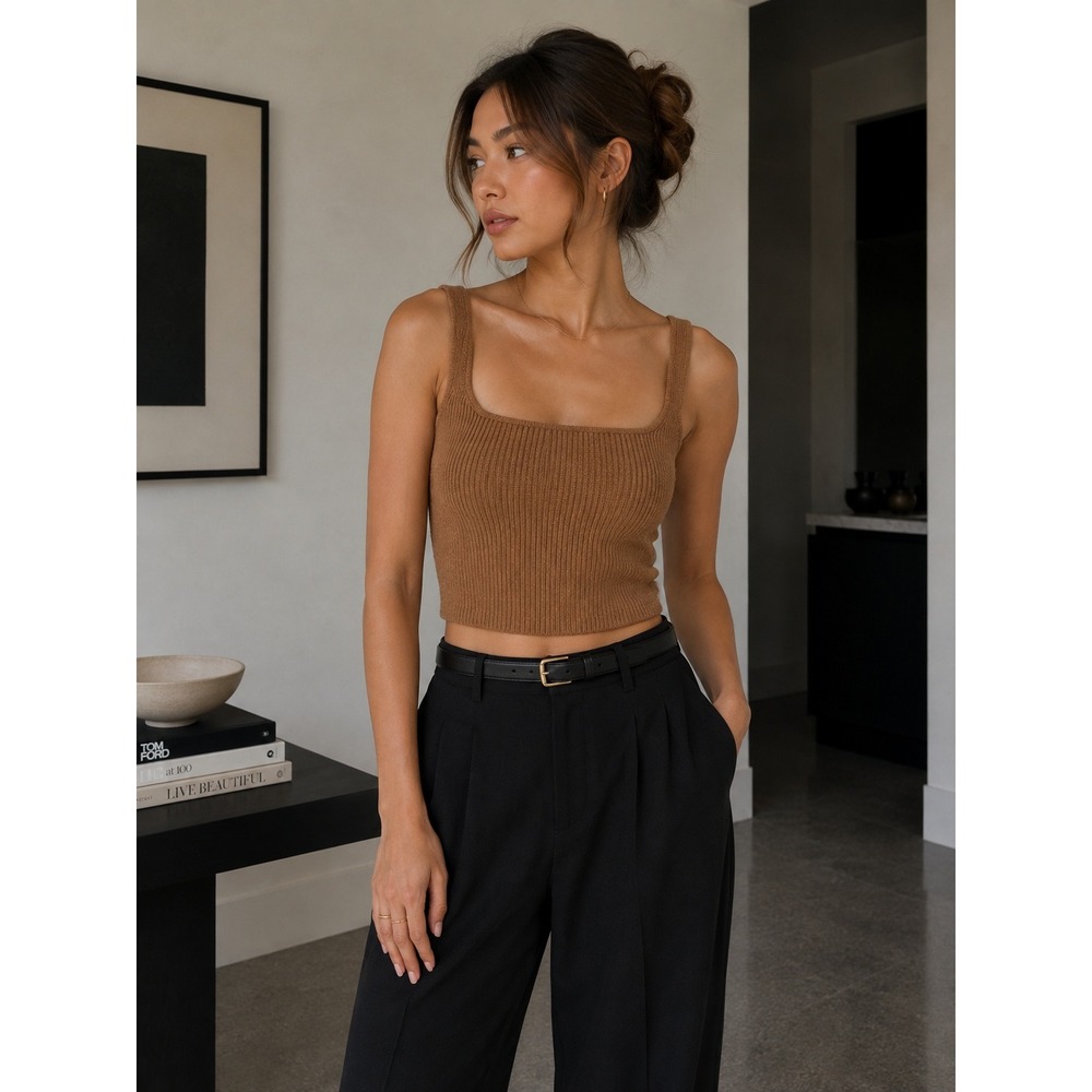 Reformation Frida Cashmere Ribbed Tank Top Brown Square Neck XS